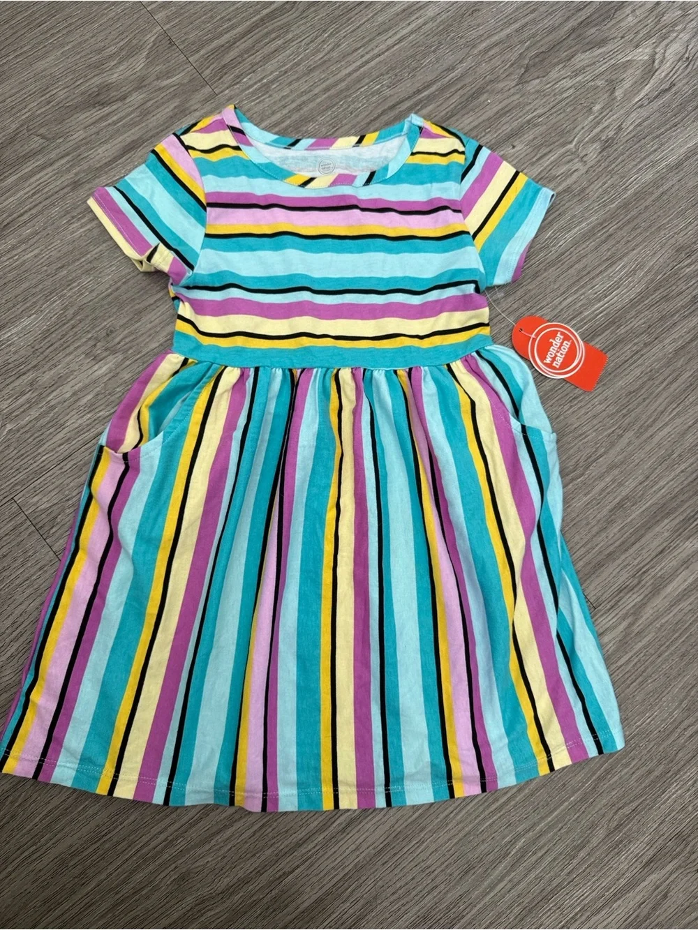 wonder nation Striped Short-Sleeve Dress in Aqua, Yellow, Purple, Black & Pink